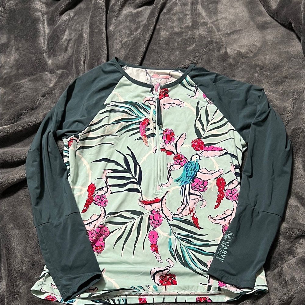 Carve Designs Mint Floral Parrot Rash Guard with Dark Teal Sleeves